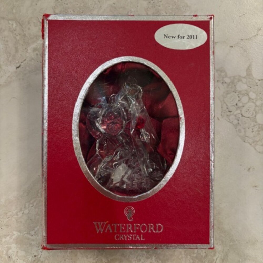 NIB 2011 Waterford Lead Crystal Christmas Teddy Bear Ornament W/Enhancer Germany